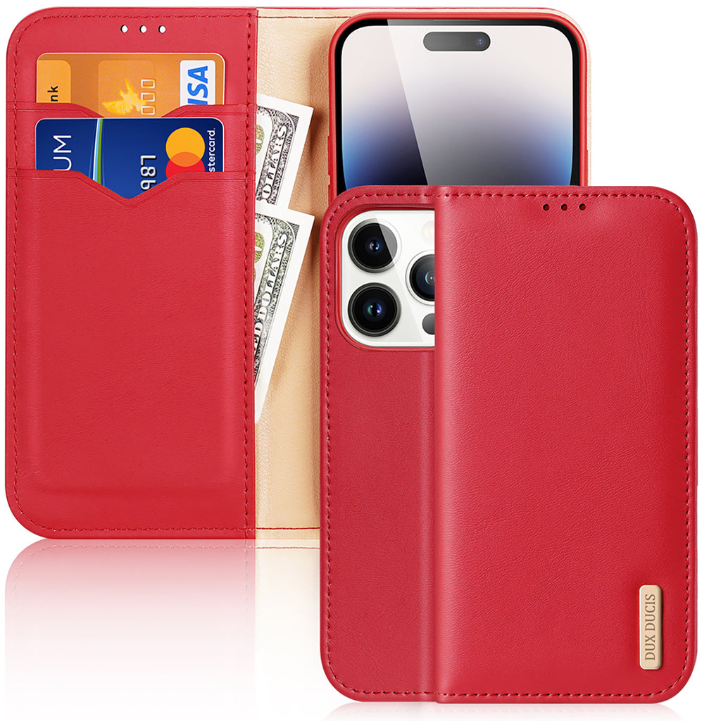 DUX DUCIS Genuine Leather Flip RFID Wallet Case for Apple iPhone 14 Pro - Red